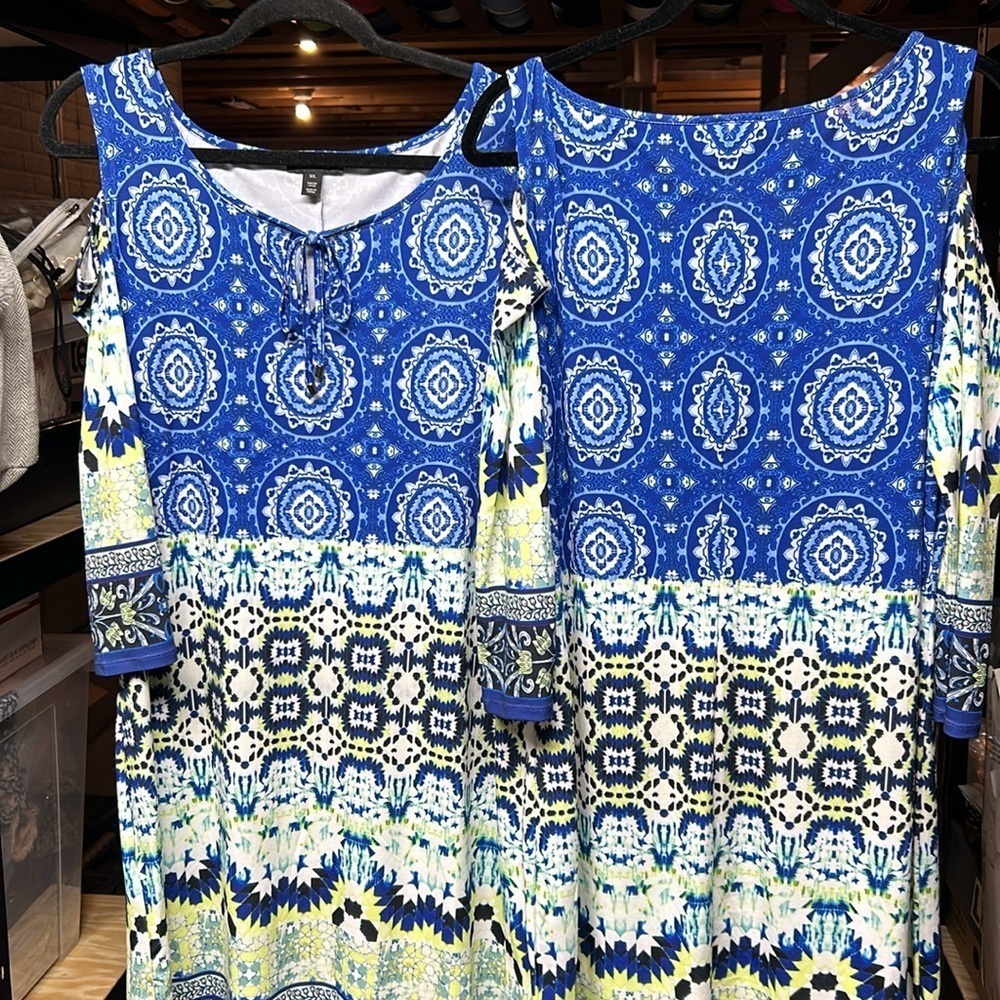 Tribal shift dress cold shoulder nautical beachy coastal grandma dress blues